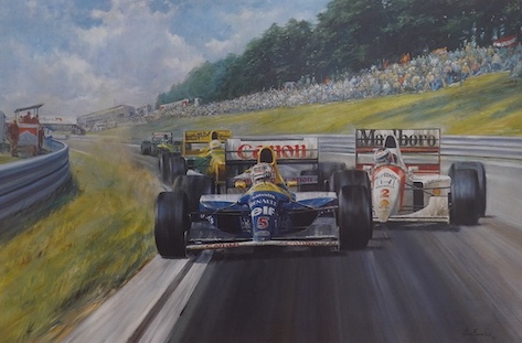 Three motor racing colour prints including, 'Off to Victory' by Tony Smith, limited edition 69/600 and ‘Nigel Mansell OBE - World Champion’ by Alan Fearnley, limited edition 681/850, all signed in pencil, largest 47 x 63